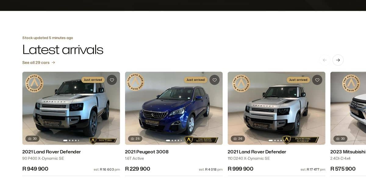 The Auto Shed website: latest arrivals with prices