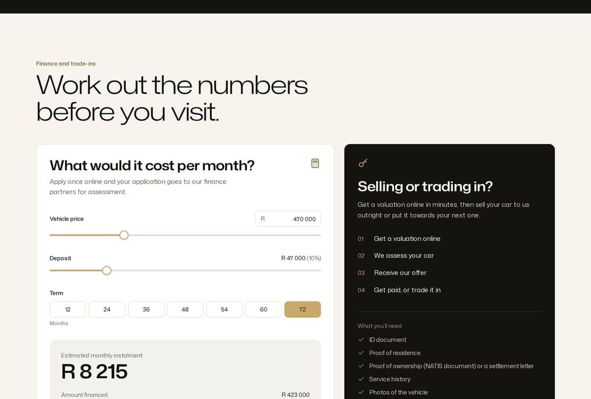 The Auto Shed website: the finance calculator