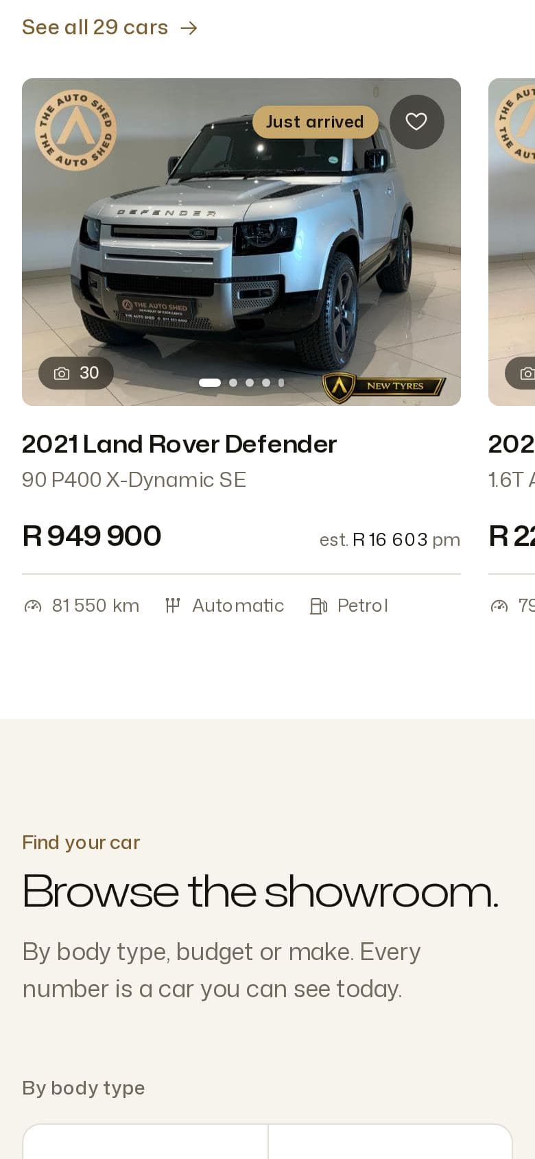 The Auto Shed's website on a phone, screen 2