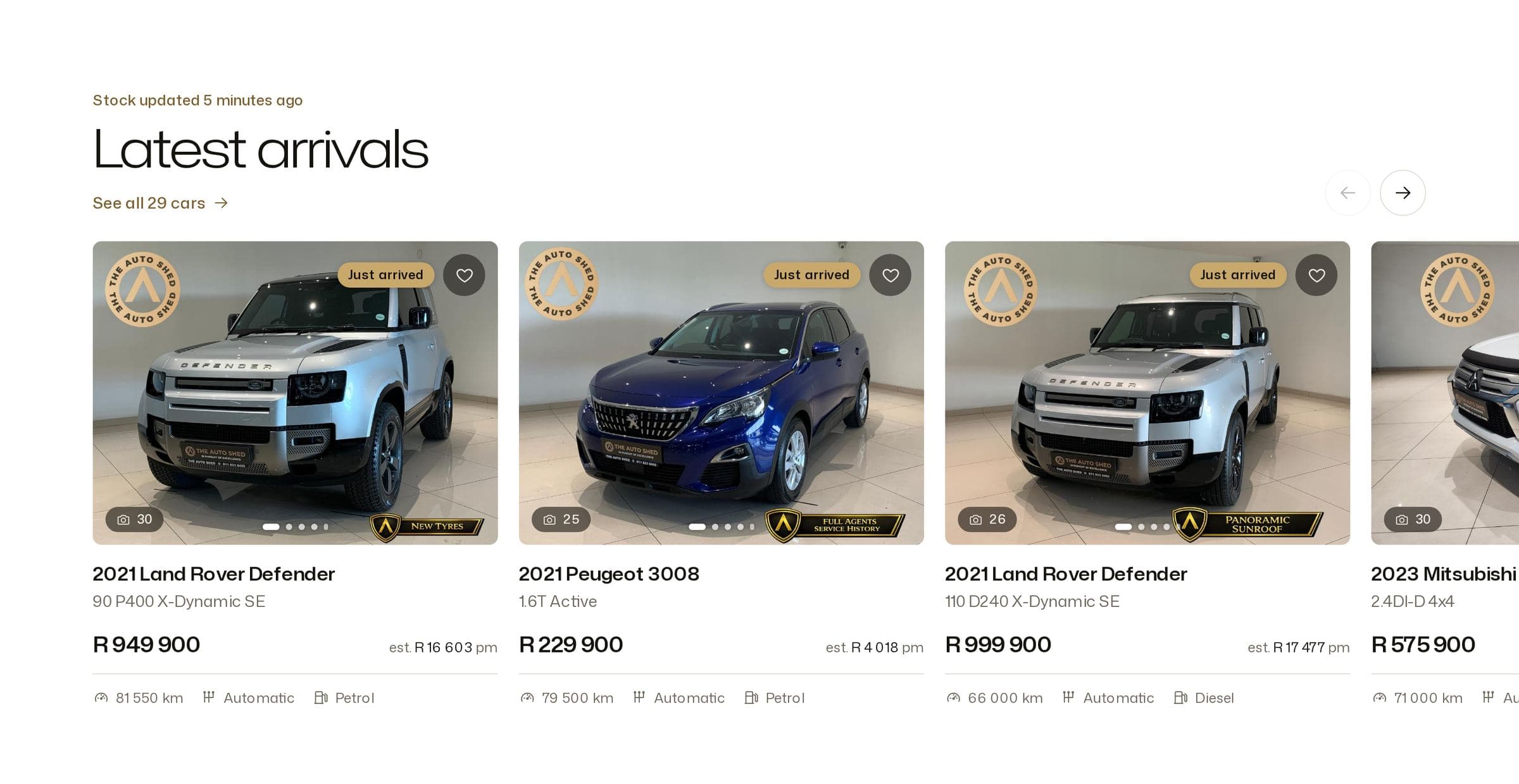 The Auto Shed's latest arrivals: live stock with prices and monthly estimates