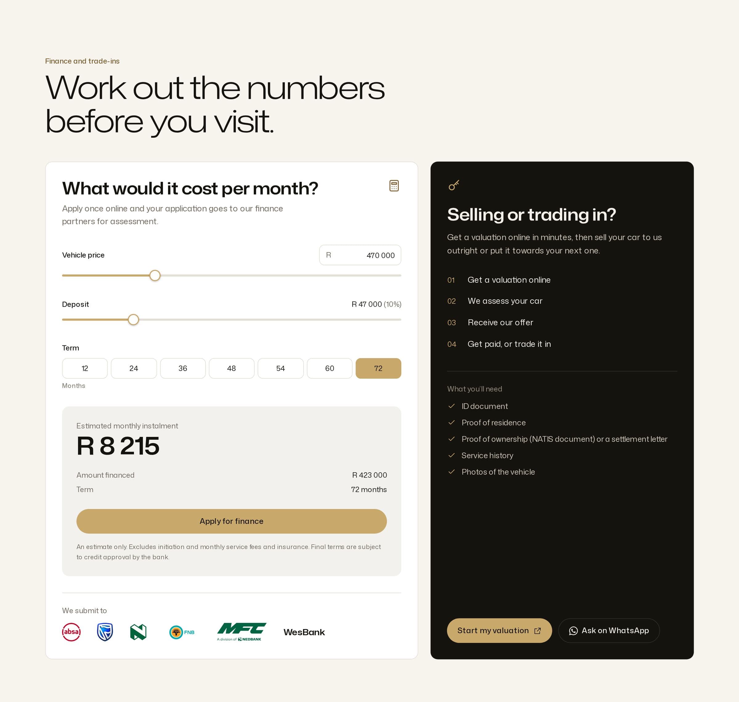 The Auto Shed's repayment calculator beside its trade-in steps