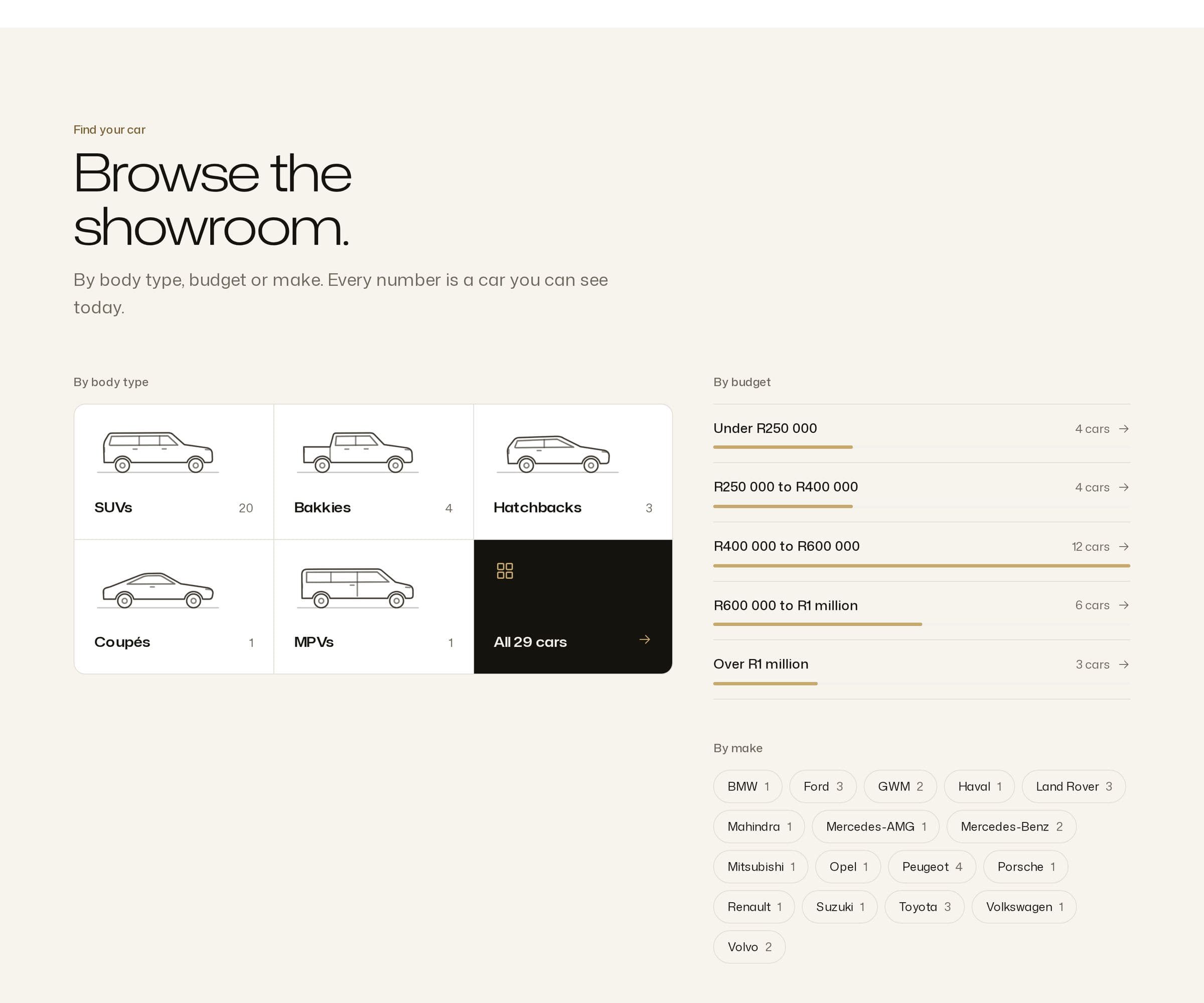 The Auto Shed's showroom: browse by body type, budget or make