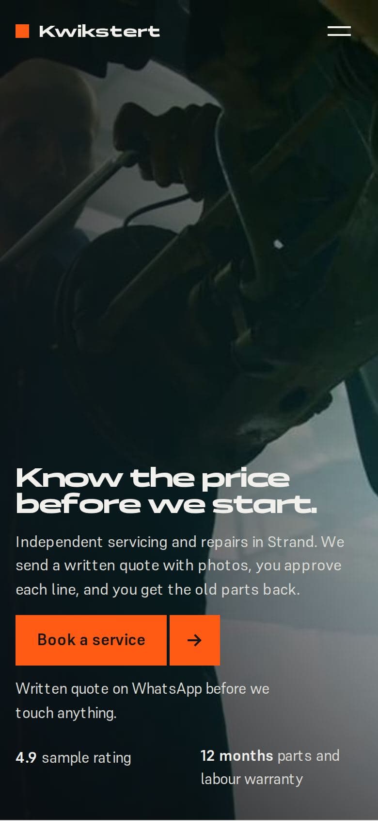Kwikstert Motor Works's website on a phone