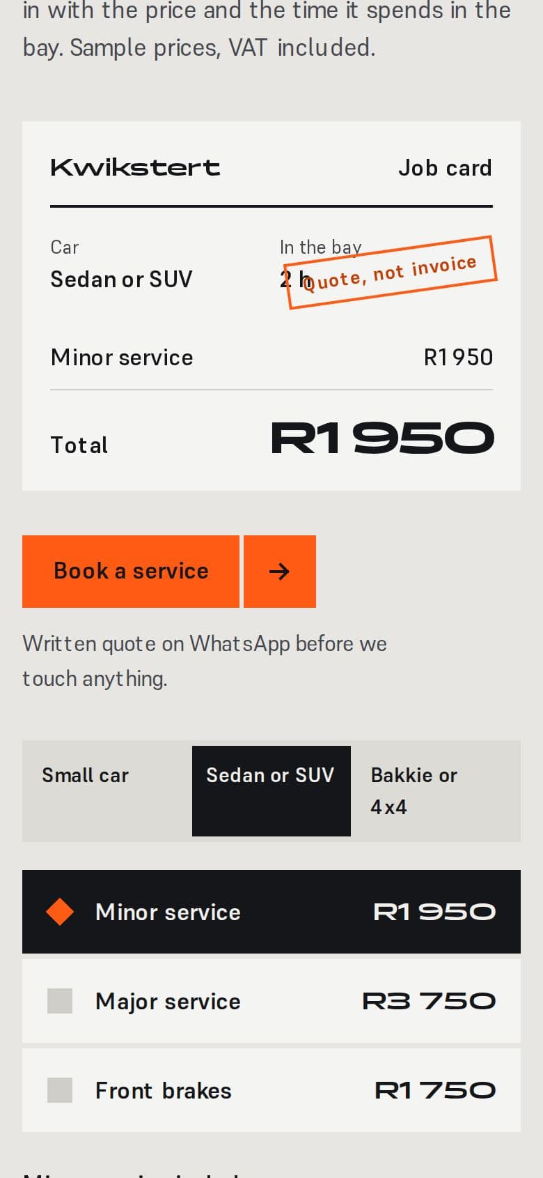 Kwikstert Motor Works's website on a phone, screen 3