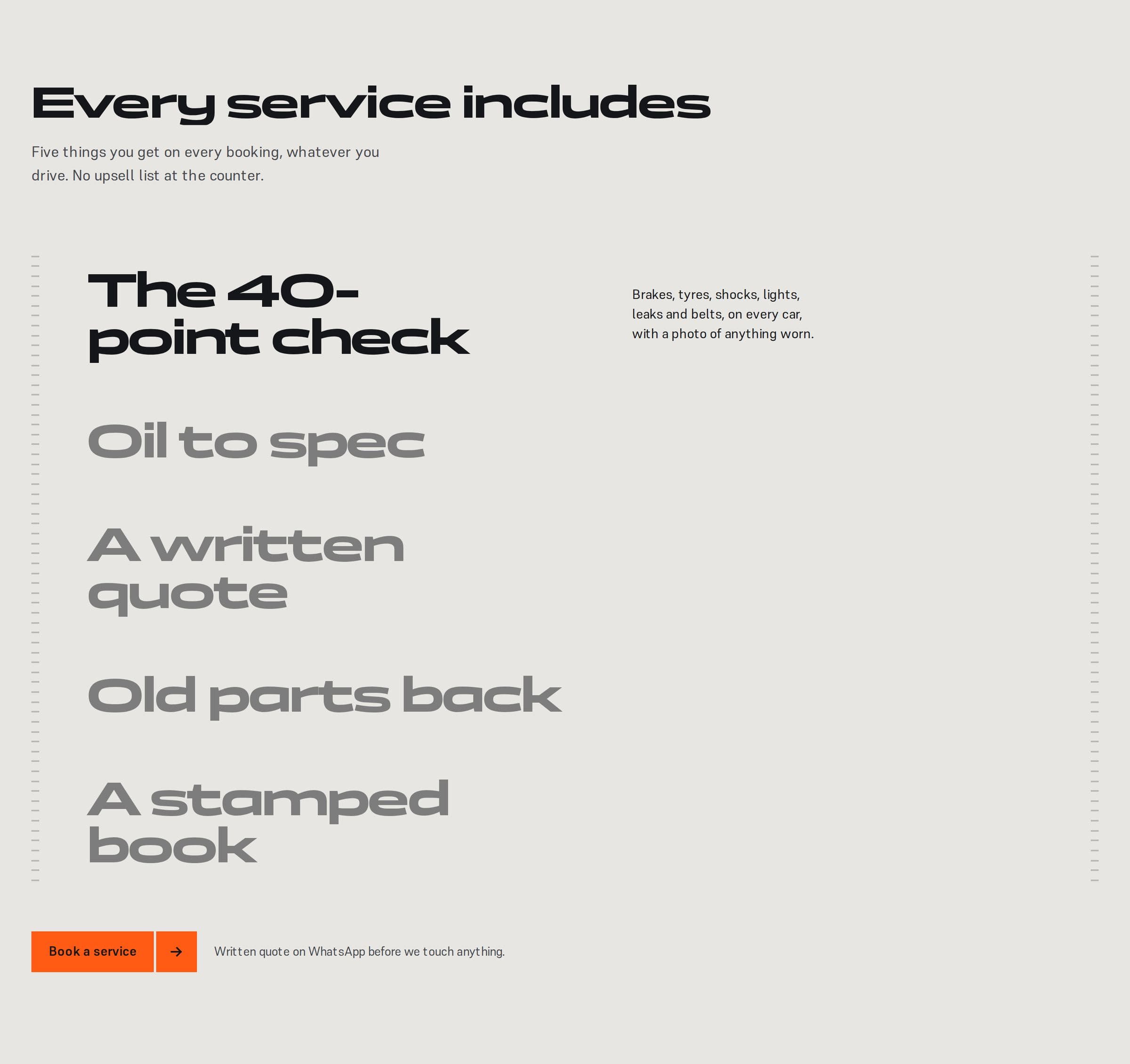 Kwikstert's list of what every service includes, from the 40-point check to a stamped service book