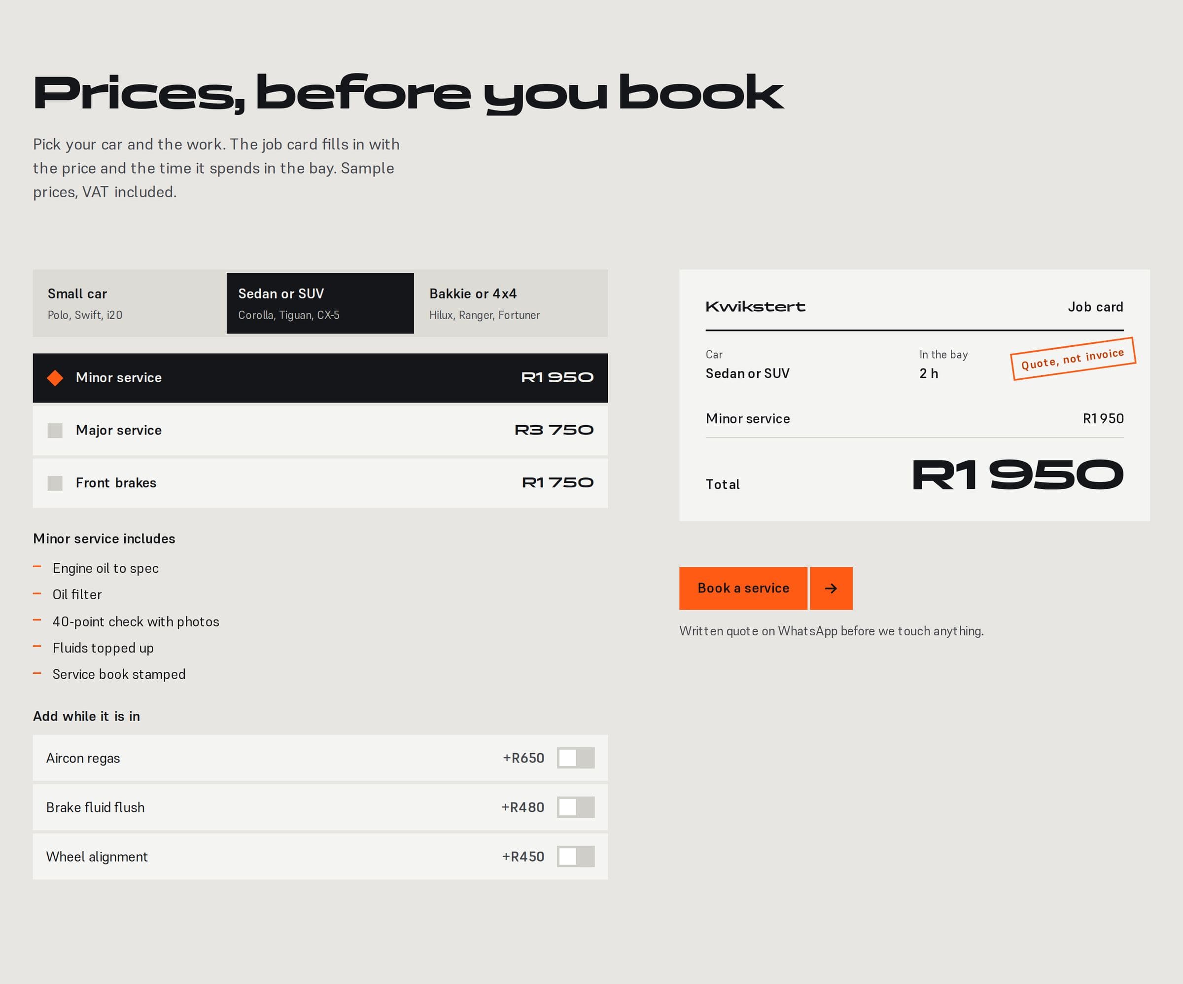 Kwikstert's price picker beside a job card showing the service, time in the bay and total