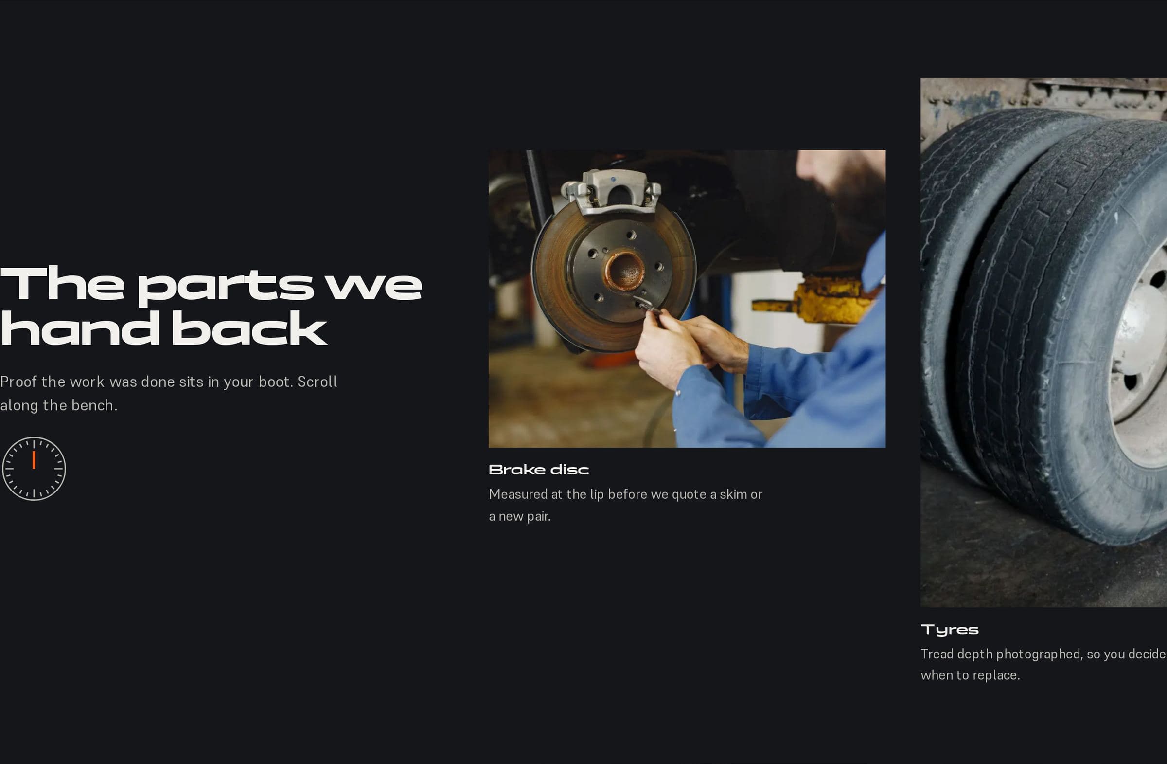 Kwikstert's strip of worn parts: a brake disc being measured and old tyres