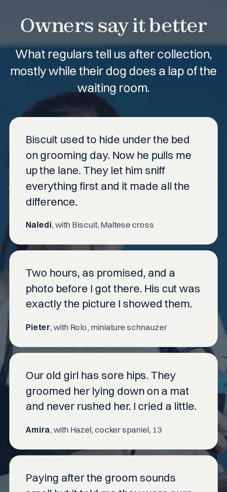 Mossie & Co.'s website on a phone, screen 2