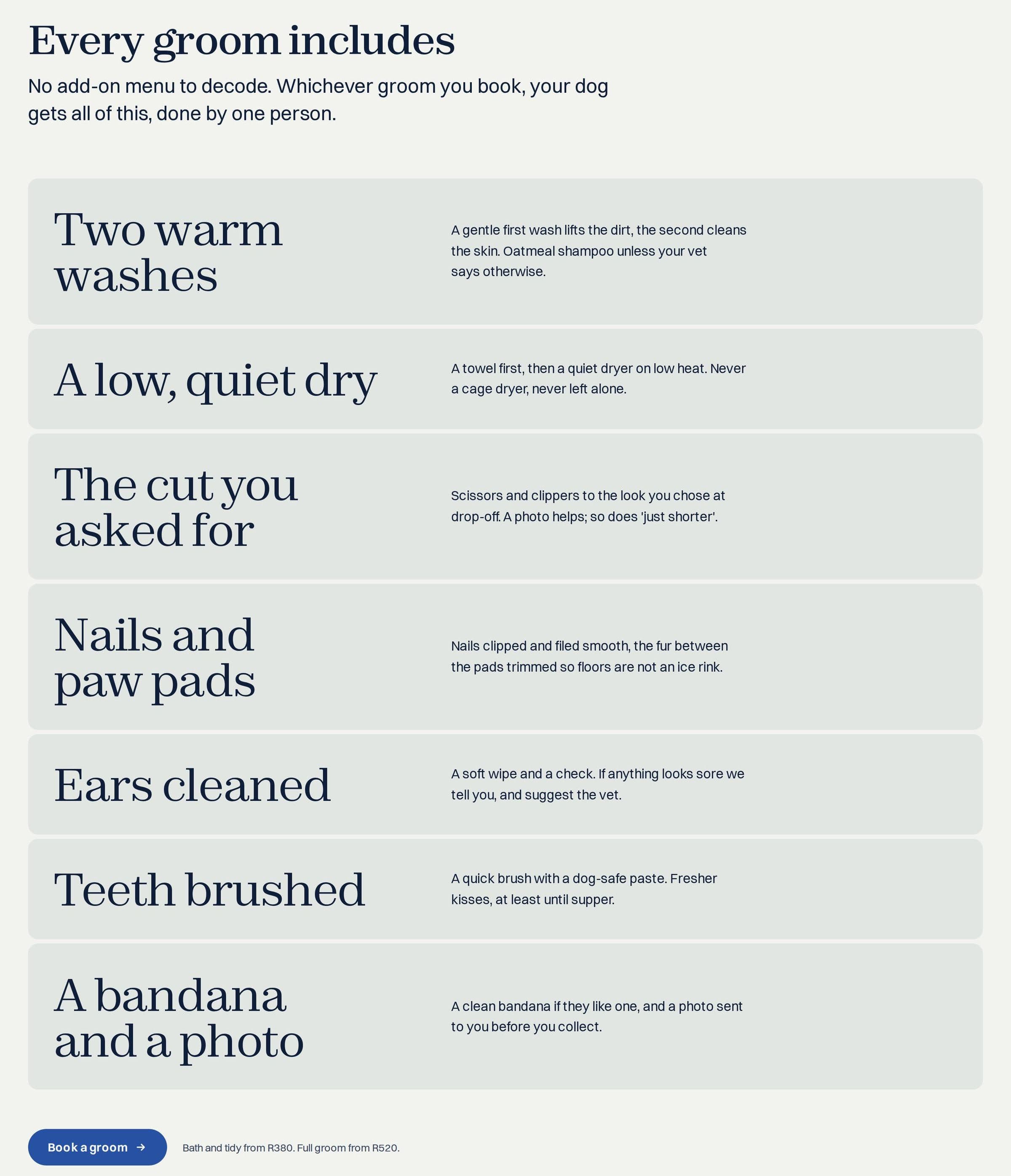 Mossie & Co.'s list of what every groom includes, from two warm washes to a bandana and a photo