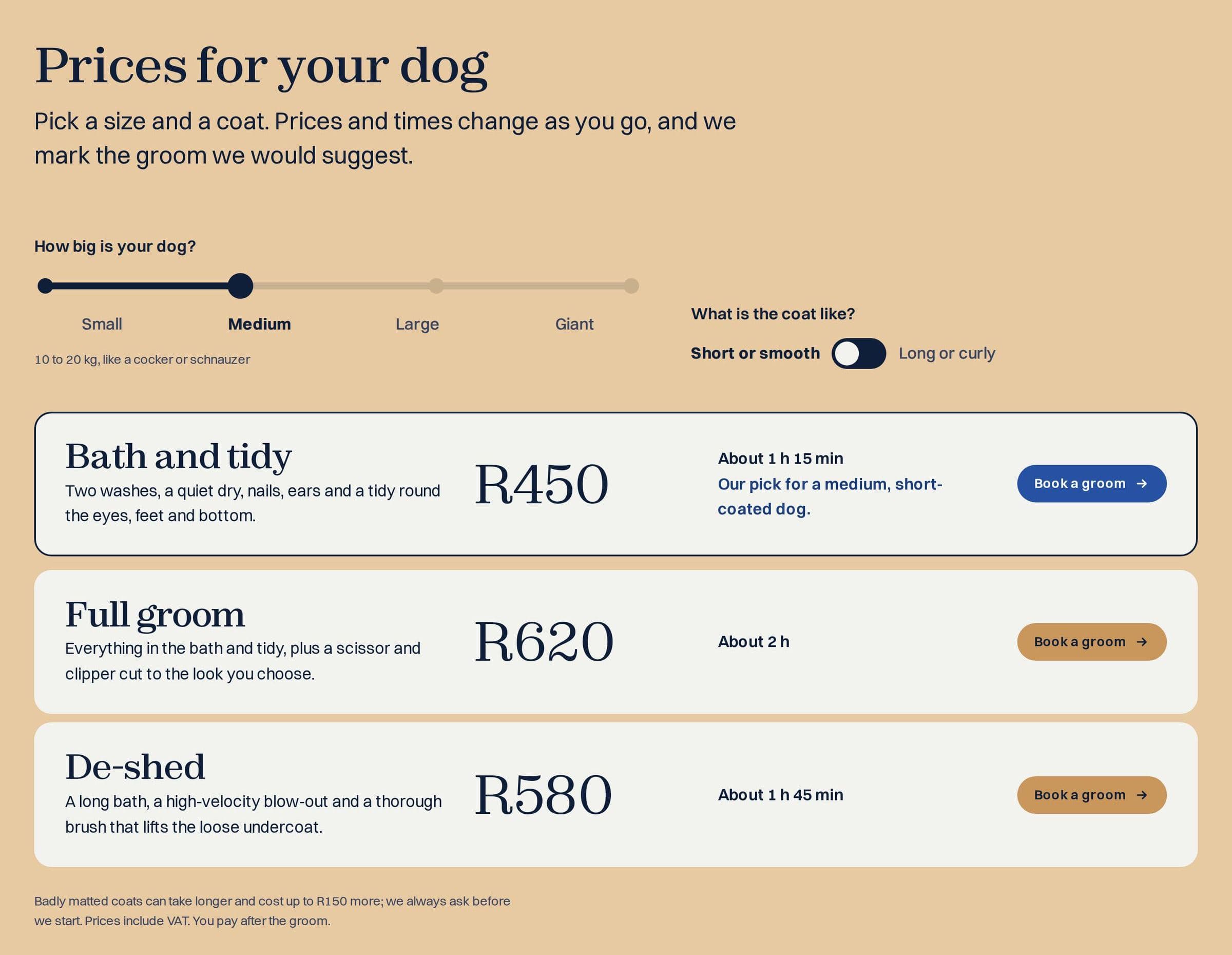 Mossie & Co.'s price picker: a size slider, a coat switch and three grooms with prices and times